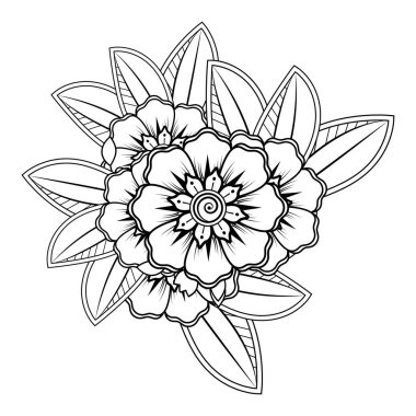 Siyah ve beyaz çiçekler. Boyama kitabı için karalama sanatı. Henna Mehndi dövme dekorasyonu için mandala şeklinde dairesel desen.