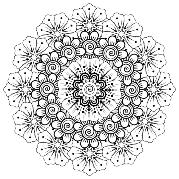 Siyah ve beyaz çiçekler. Boyama kitabı için karalama sanatı. Henna Mehndi dövme dekorasyonu için mandala şeklinde dairesel desen.