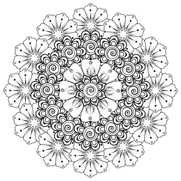 白纸黑字的花涂鸦艺术的着色书籍 Henna Mehndi纹身装饰用曼陀罗形式的圆形图案 — 图库矢量图片