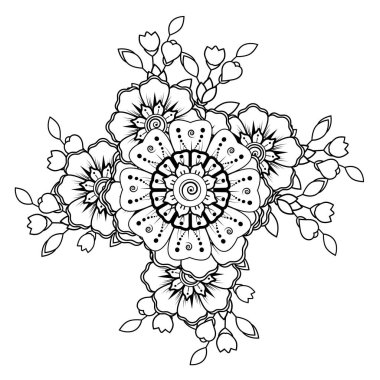 Siyah ve beyaz çiçekler. Boyama kitabı için karalama sanatı. Henna Mehndi dövme dekorasyonu için mandala şeklinde dairesel desen.