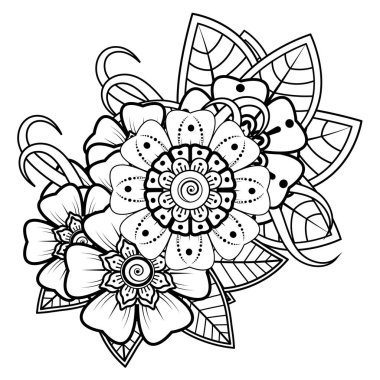 Siyah ve beyaz çiçekler. Boyama kitabı için karalama sanatı. Henna Mehndi dövme dekorasyonu için mandala şeklinde dairesel desen.