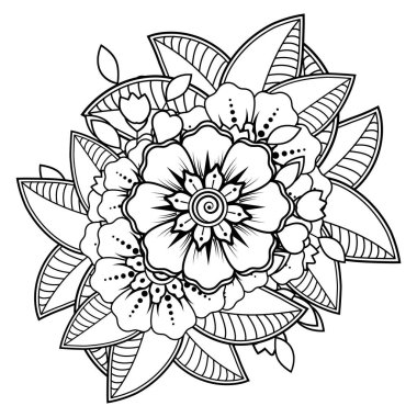 Siyah ve beyaz çiçekler. Boyama kitabı için karalama sanatı. Henna Mehndi dövme dekorasyonu için mandala şeklinde dairesel desen.
