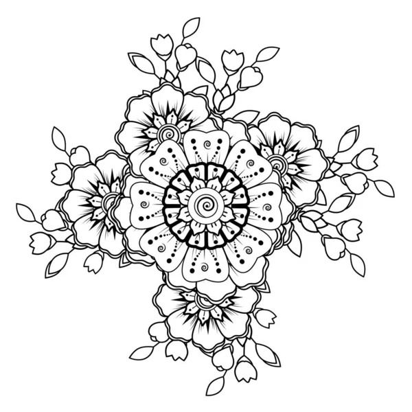 Siyah ve beyaz çiçekler. Boyama kitabı için karalama sanatı. Henna Mehndi dövme dekorasyonu için mandala şeklinde dairesel desen.