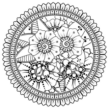 Floral Background with mehndi flower. Decorative ornament in ethnic oriental style, doodle ornament, outline hand draw. Coloring book page.