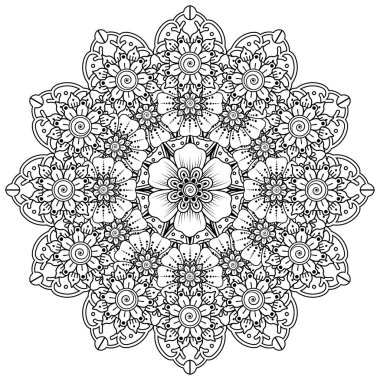 Henna, Mehndi, dövme, dekorasyon için mandala şeklinde dairesel desen. Etnik doğu tarzında dekoratif süs. Boyama kitabı sayfası.