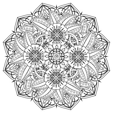 Henna, Mehndi, dövme, dekorasyon için mandala şeklinde dairesel desen. Etnik doğu tarzında dekoratif süs. Boyama kitabı sayfası.