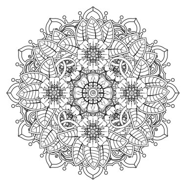 Henna, Mehndi, dövme, dekorasyon için mandala şeklinde dairesel desen. Etnik doğu tarzında dekoratif süs. Boyama kitabı sayfası.