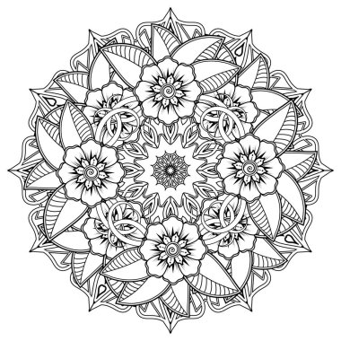 Henna, Mehndi, dövme, dekorasyon için mandala şeklinde dairesel desen. Etnik doğu tarzında dekoratif süs. Boyama kitabı sayfası.