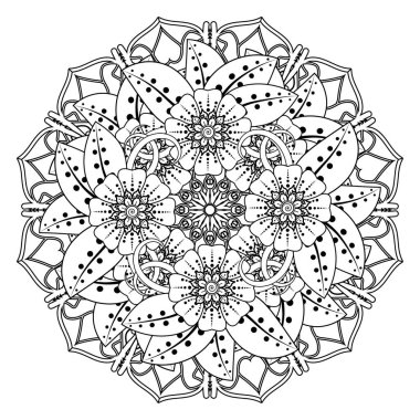 Henna, Mehndi, dövme, dekorasyon için mandala şeklinde dairesel desen. Etnik doğu tarzında dekoratif süs. Boyama kitabı sayfası.
