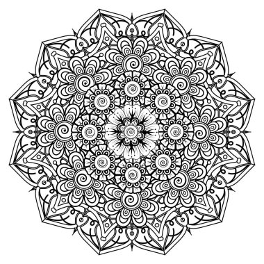 Henna, Mehndi, dövme, dekorasyon için mandala şeklinde dairesel desen. Etnik doğu tarzında dekoratif süs. Boyama kitabı sayfası.