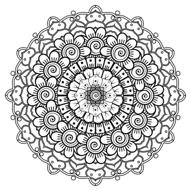 Henna, Mehndi, dövme, dekorasyon için mandala şeklinde dairesel desen. Etnik doğu tarzında dekoratif süs. Boyama kitabı sayfası.