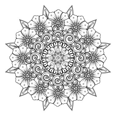 Henna, Mehndi, dövme, dekorasyon için mandala şeklinde dairesel desen. Etnik doğu tarzında dekoratif süs. Boyama kitabı sayfası.