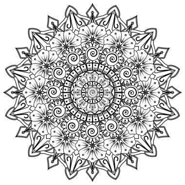 Henna, Mehndi, dövme, dekorasyon için mandala şeklinde dairesel desen. Etnik doğu tarzında dekoratif süs. Boyama kitabı sayfası.
