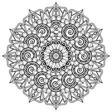 Henna, Mehndi, dövme, dekorasyon için mandala şeklinde dairesel desen. Etnik doğu tarzında dekoratif süs. Boyama kitabı sayfası.