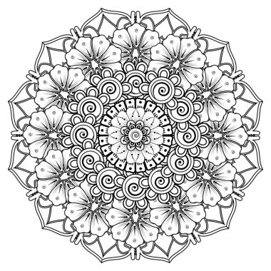 Henna, Mehndi, dövme, dekorasyon için mandala şeklinde dairesel desen. Etnik doğu tarzında dekoratif süs. Boyama kitabı sayfası.