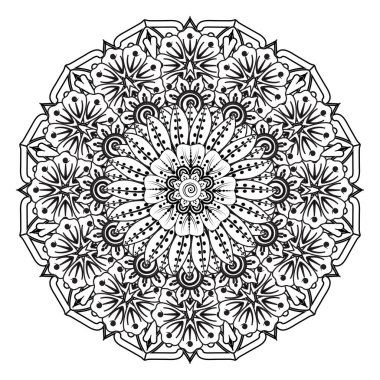Henna, Mehndi, dövme, dekorasyon için mandala şeklinde dairesel desen. Etnik doğu tarzında dekoratif süs. Boyama kitabı sayfası.