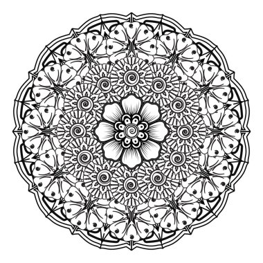 Henna, Mehndi, dövme, dekorasyon için mandala şeklinde dairesel desen. Etnik doğu tarzında dekoratif süs. Boyama kitabı sayfası.