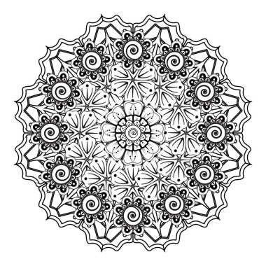 Henna, Mehndi, dövme, dekorasyon için mandala şeklinde dairesel desen. Etnik doğu tarzında dekoratif süs. Boyama kitabı sayfası.