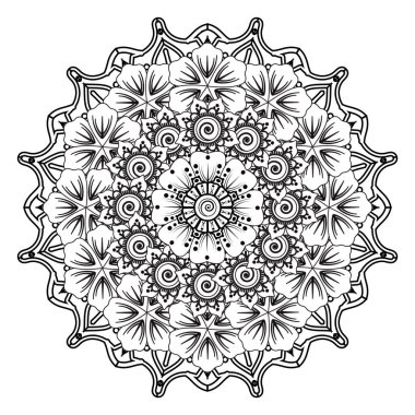 Henna, Mehndi, dövme, dekorasyon için mandala şeklinde dairesel desen. Etnik doğu tarzında dekoratif süs. Boyama kitabı sayfası.