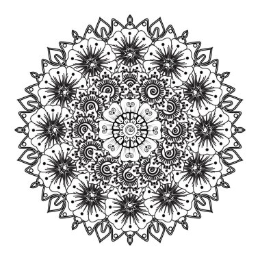 Henna, Mehndi, dövme, dekorasyon için mandala şeklinde dairesel desen. Etnik doğu tarzında dekoratif süs. Boyama kitabı sayfası.