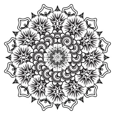 Henna, Mehndi, dövme, dekorasyon için mandala şeklinde dairesel desen. Etnik doğu tarzında dekoratif süs. Boyama kitabı sayfası.
