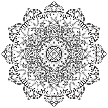 Henna, Mehndi, dövme, dekorasyon için mandala şeklinde dairesel desen. Etnik doğu tarzında dekoratif süs. Boyama kitabı sayfası.
