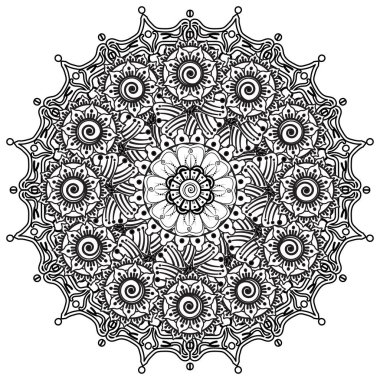 Henna, Mehndi, dövme, dekorasyon için mandala şeklinde dairesel desen. Etnik doğu tarzında dekoratif süs. Boyama kitabı sayfası.