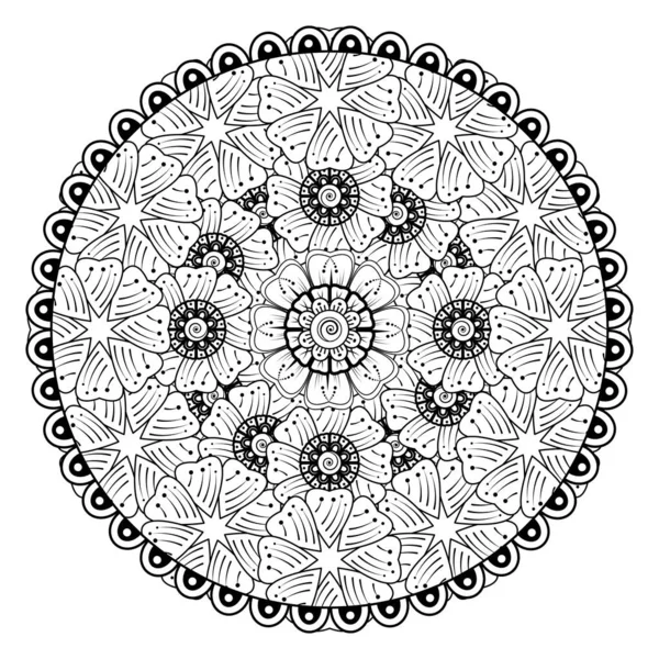 Henna Mehndi 入れ墨 装飾のためのマンダラの形で円形のパターン 民族的な東洋スタイルの装飾品 ぬり絵ページ — ストックベクタ