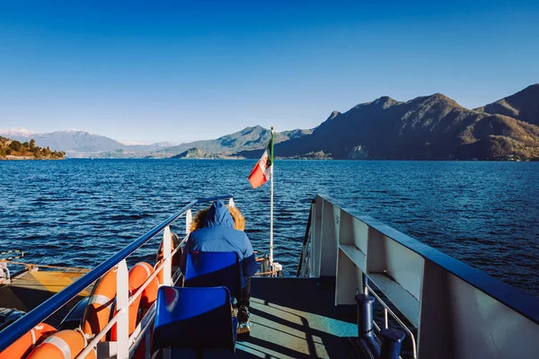 Lake Maggiore Italy December 2021 Commuter Sitting Boat While Crossing — Stock Photo, Image