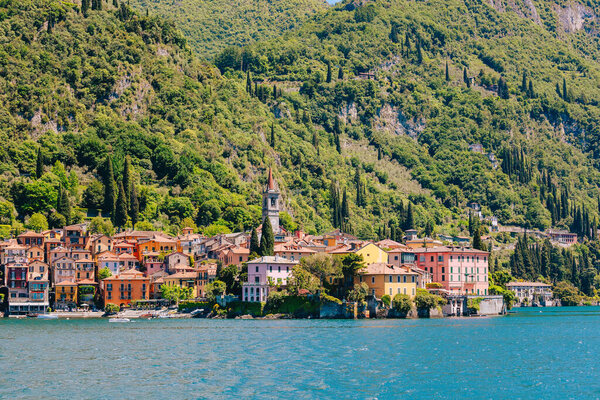 Lake Como, Italy - May 2021: Village of Varenna view from lake Como
