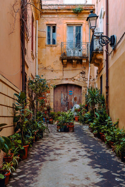 Siracusa, Italy - March 2022: Characteristic alley with plants in the historical center of Ortigia