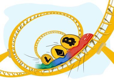 Kripto para birimi ethereum bitcoin litekoin bir roller coaster üzerinde düşüş büyüme oranı çizelgesi renk hızı üç sikke