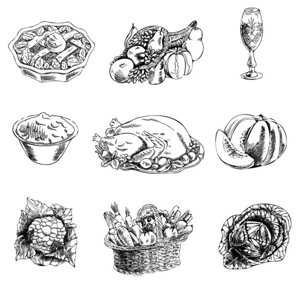 Elle çizilmiş şükran günü illüstrasyonu. Eski tarz. Retro yemek menüsü. Eskiz.