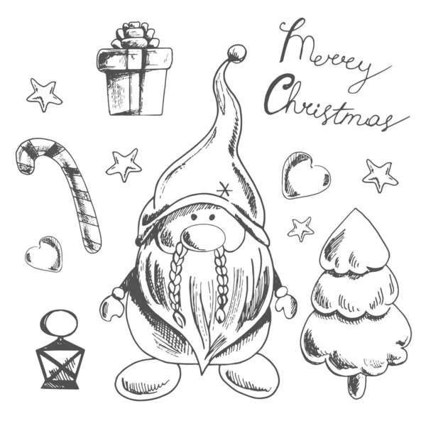 Conjunto Natal Desenhado Mão Gnomo Árvore Natal Caixa Presente Coração — Vetor de Stock
