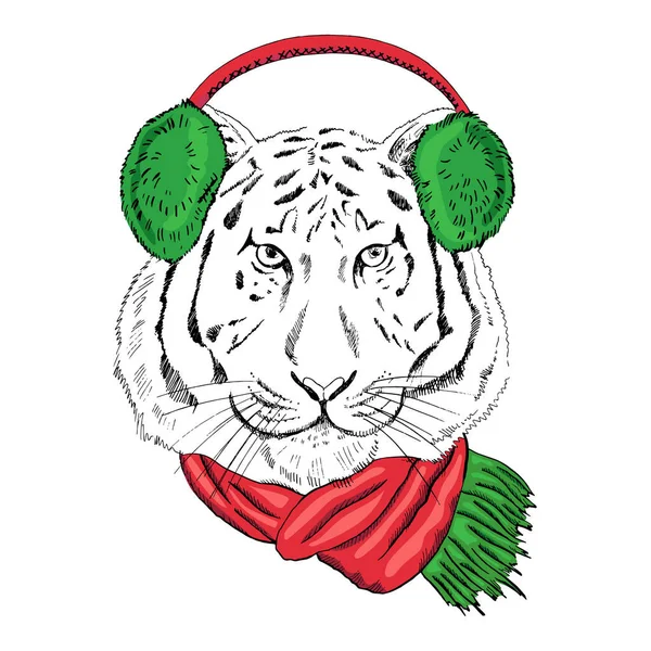 Portrait Dessiné Main Tigre Nouvel Dans Foulard Casque Fourrure Illustration — Image vectorielle