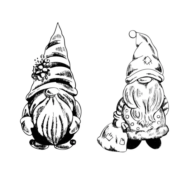 Yeni yıl ve Noel için el yapımı cüceler. Klasik vektör çizimi. Yeni Yıl ve Noel illüstrasyonu.  