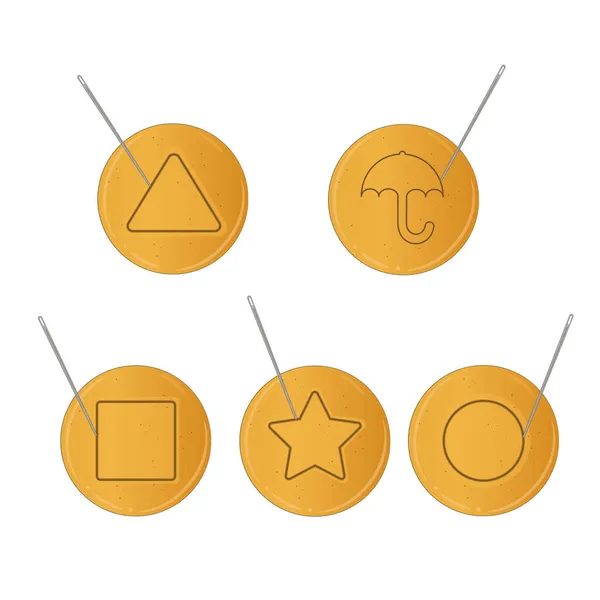 Seul, Güney Kore 2021: Kalamar oyununda hakiki bal peteği şekeri (Dalgona şekeri). Dalgona Kore geleneksel şeker şekerleri. Ortasında beş ashaplı şeker çemberi. Vektör illüstrasyonu. 