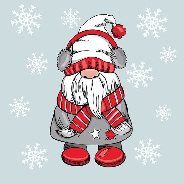 Yılbaşı için el yapımı bir cüce ya da mavi arka planda kar taneleri olan bir Noel cücesi. İskandinav cücesi. Vintage vektör illüstrasyonu.