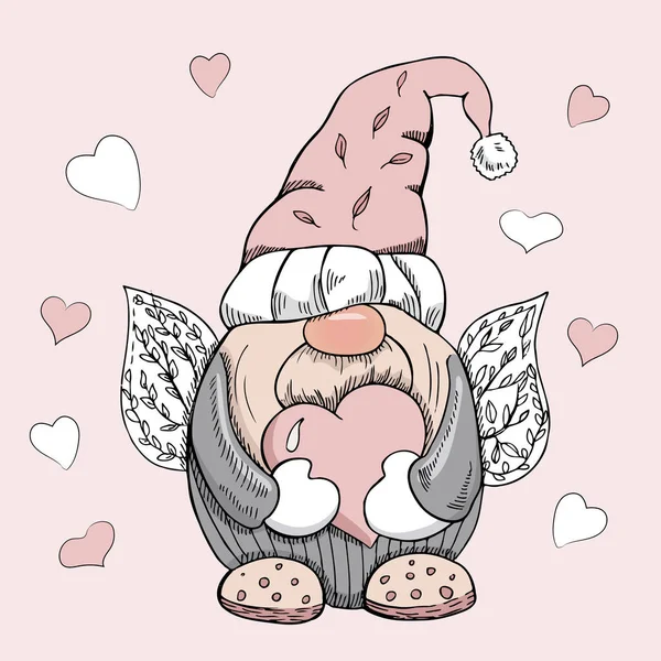 Gnomo Dibujado Mano Para Día San Valentín Gnomo Escandinavo Aislado — Archivo Imágenes Vectoriales