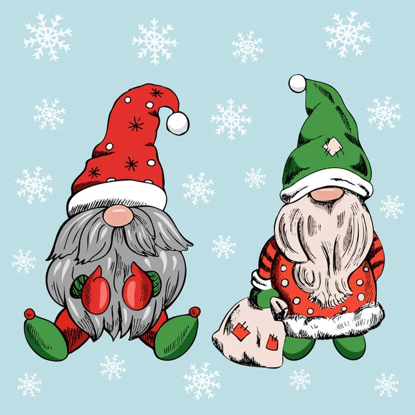 Seperangkat Gnome Ditarik Tangan Untuk Tahun Baru Dan Natal Dengan - Stok Vektor