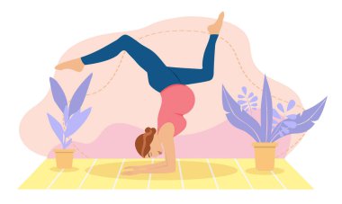 Hamile kadın evde meditasyon yapıyor. Doğum öncesi yoga, meditasyon, rahatlama, dinlenme, sağlıklı yaşam tarzı kavramları. Çizgi film tarzında illüstrasyon.