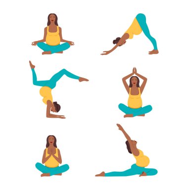 Doğum öncesi yoga seti ayarlandı. Spor ve spor, hamilelik konsepti. Vektör illüstrasyonu.