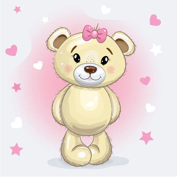 Bonito Cartoon Teddy Bear Girl Com Arco Isolado Fundo Rosa — Vetor de Stock