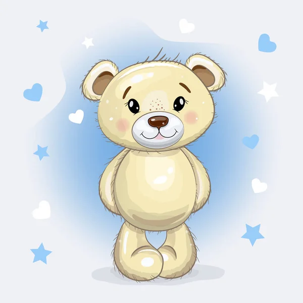 Cute Cartoon Teddy Bear Izolowane Niebieskim Tle Sercami Gwiazdami Ilustracja — Wektor stockowy