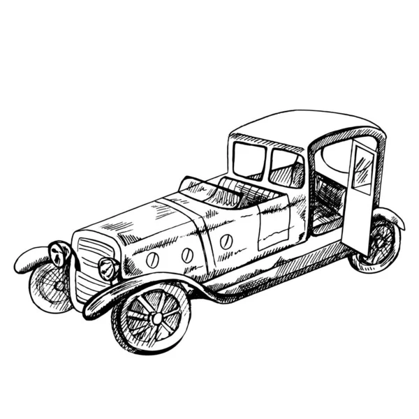 Boceto Tinta Dibujado Mano Coche Juguete Vintage Esquema Sobre Fondo — Vector de stock