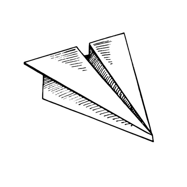 Hand Drawn Ink Sketch Paper Airplane Outline White Background Vintage — Vetor de Stock