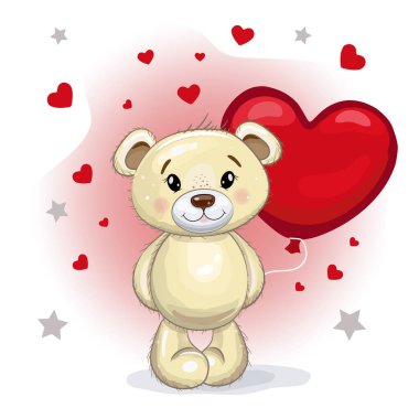 Cute teddy bear with a red balloon in the shape of a heart. Teddy bear on a pink background with hearts. Vector cartoon illustration for Valentine's day.