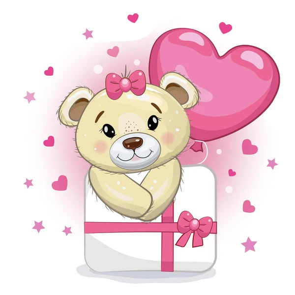 Cute Teddy Bear Girl Pink Balloon Shape Heart Gift Teddy — Stock Vector
