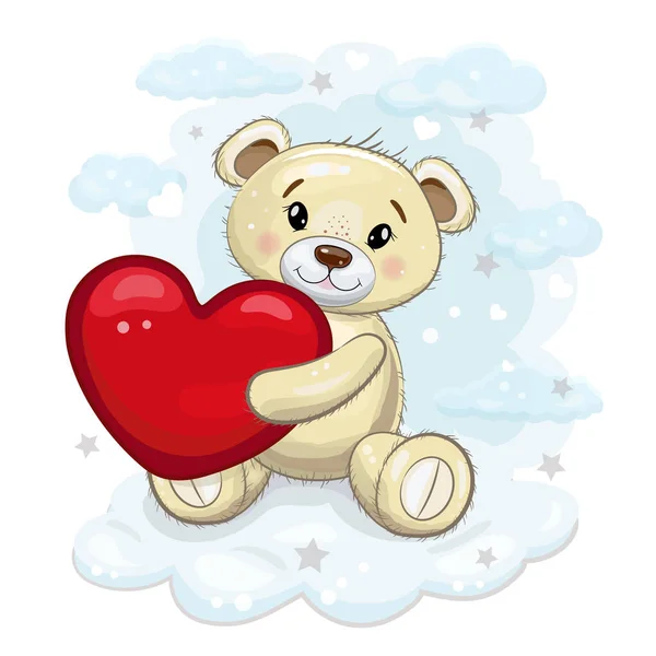 Милый Плюшевый Мишка Красным Слухом Лапах Медведь Тедди Фоне Облаков — стоковый вектор