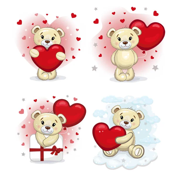 Conjunto Ursinhos Pelúcia Bonitos Com Coração Vermelho Teddy Ursos Conjunto — Vetor de Stock